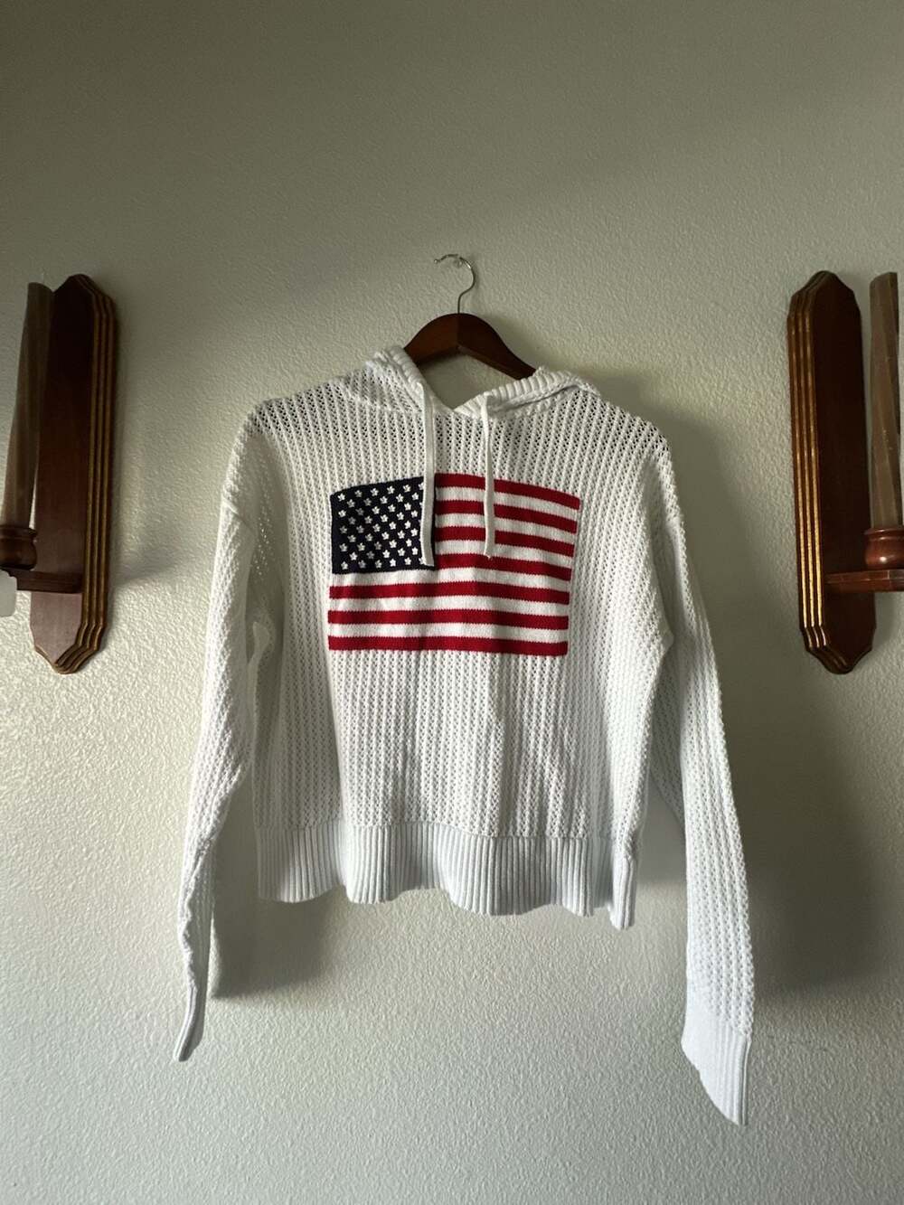 Universal Thread Americana Flag Open Stitch Hoodie Size L White
